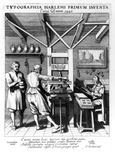 The bindery of Laurens Janszoon Koster, engraved by J. van der Velde, published in 